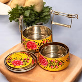Hand Painted 3 Tier Steel Tiffin Box - Yellow